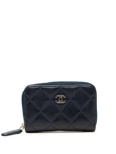 Pre-owned Chanel 2017-2018 Cc Quilted Caviar Zip Purse Coin Pouch In Blue