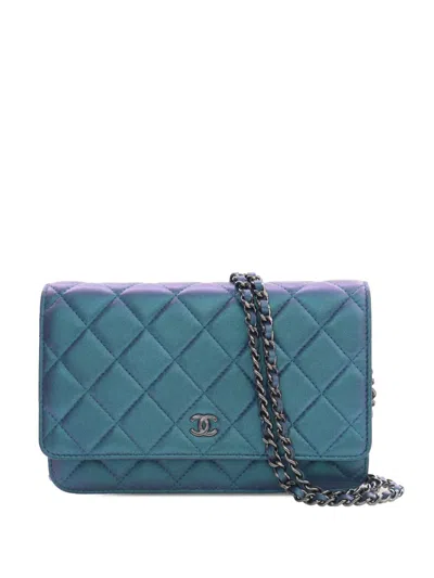 Pre-owned Chanel 2017-2018 Cc Quilted Iridescent Lambskin Wallet On Chain Crossbody Bag In Blue