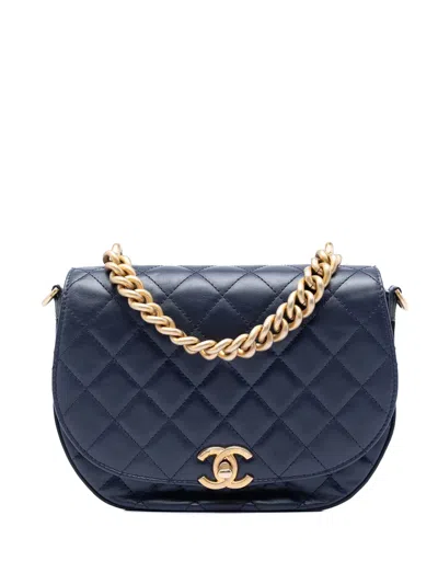Pre-owned Chanel 2017-2018 Cc Quilted Lambskin Chain Handle Half Moon Flap Satchel In Blue