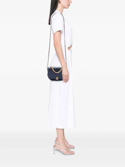 Pre-owned Chanel 2017-2018 Cc Quilted Lambskin Chain Handle Half Moon Flap Satchel In Blue