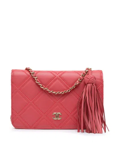 Pre-owned Chanel 2017-2018 Cc Quilted Lambskin Double Stitch Tassel Wallet On Chain Crossbody Bag In Pink