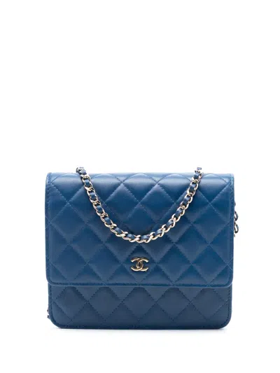 Pre-owned Chanel 2017-2018 Cc Square Quilted Lambskin Wallet On Chain Crossbody Bag In Blue
