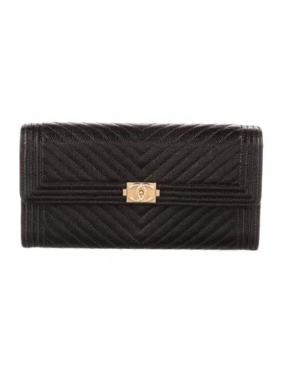 Pre-owned Chanel 2017-2018 Chevron Boy Continental Wallet Continental Wallet In Black