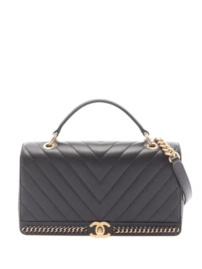 Pre-owned Chanel 2017-2018 Chevron Lambskin Stitched Chain Top Handle Flap Satchel In Black