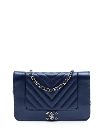 Pre-owned Chanel 2017-2018 Chevron Sheepskin Mademoiselle Vintage Wallet On Chain Crossbody Bag In Blue