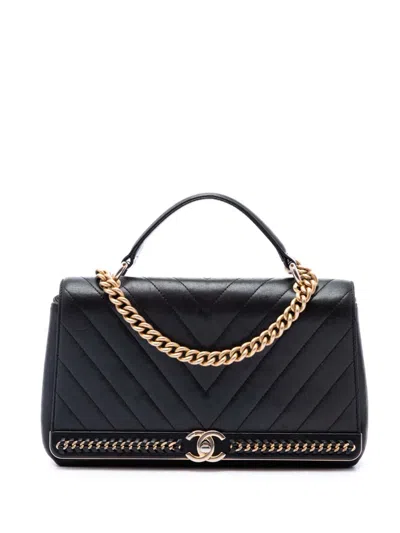 Pre-owned Chanel 2017-2018 Chevron Sheepskin Stitched Chain Top Handle Flap Satchel In Black