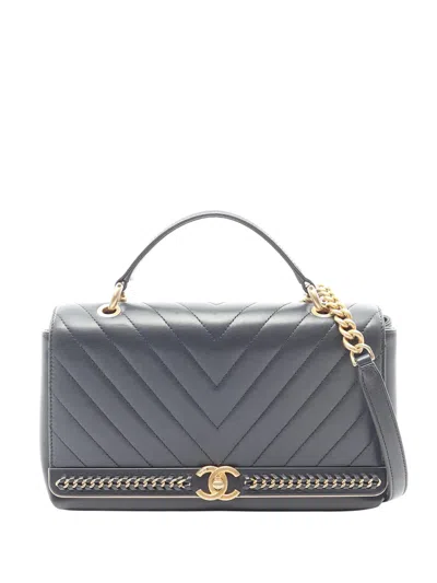 Pre-owned Chanel 2017-2018 Chevron Sheepskin Stitched Chain Top Handle Flap Satchel In Blue