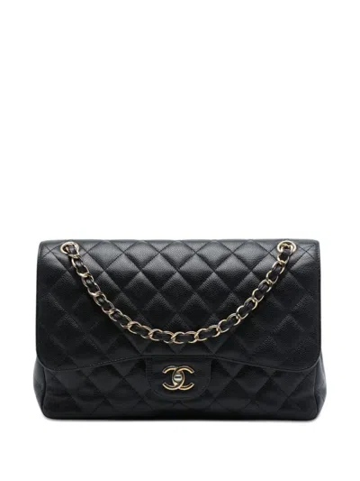 Pre-owned Chanel 2017-2018 Jumbo Classic Caviar Double Flap Shoulder Bag In Black