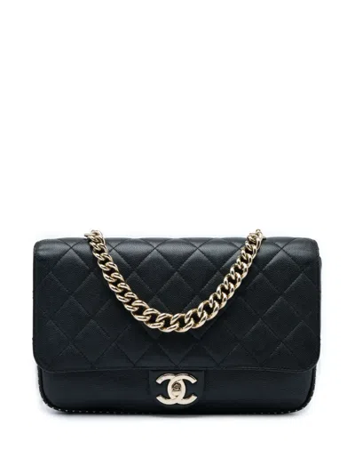 Pre-owned Chanel 2017-2018 Large Cc Quilted Caviar Studded Single Flap Satchel In Black