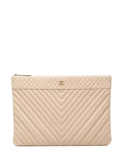 Pre-owned Chanel 2017-2018 Large Chevron Caviar O Case Clutch Bag In Neutral