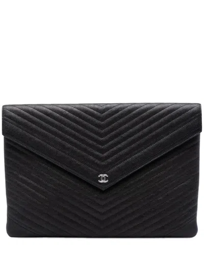 Pre-owned Chanel 2017-2018 Large Chevron Caviar Statement Envelope Clutch Bag In Black