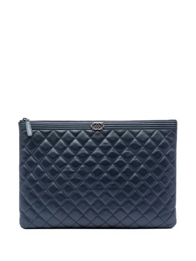 Pre-owned Chanel 2017-2018 Large Quilted Caviar Boy O Case Clutch Bag In Blue
