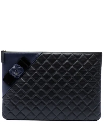Pre-owned Chanel 2017-2018 Large Quilted Lambskin Camellia O Case Clutch Bag In Black