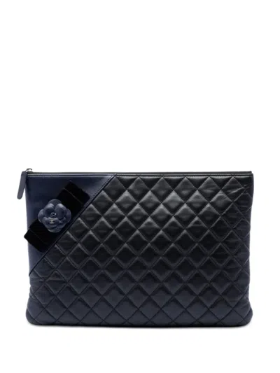 Pre-owned Chanel 2017-2018 Large Quilted Lambskin Camellia O Case Clutch Bag In Blue