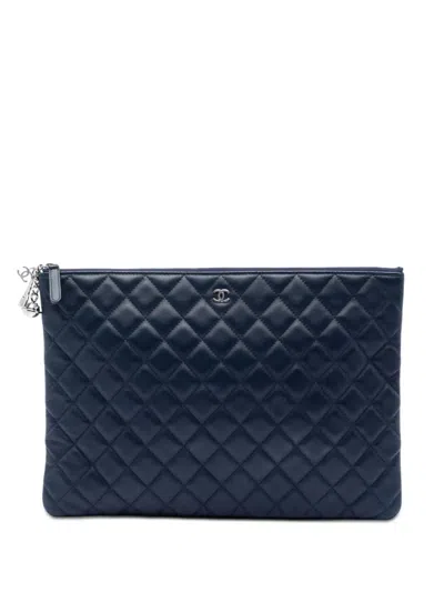 Pre-owned Chanel 2017-2018 Large Quilted Lambskin Cosmo Charm O Case Clutch Bag In Blue