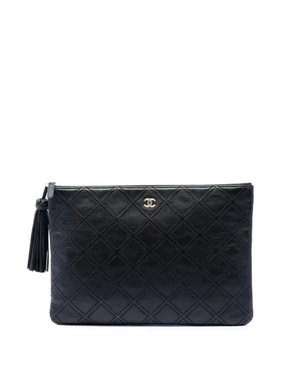 Pre-owned Chanel 2017-2018 Large Quilted Lambskin Double Stitch Tassel O Case Clutch Bag In Black