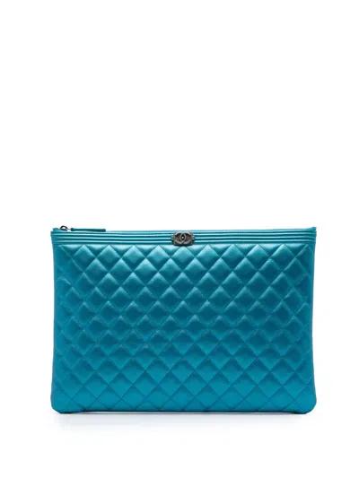 Pre-owned Chanel 2017-2018 Large Quilted Metallic Caviar Boy O Case Clutch Bag In Blue