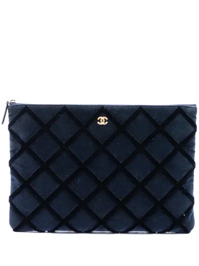 Pre-owned Chanel 2017-2018 Large Quilted Velvet O Case Clutch Bag In Blue