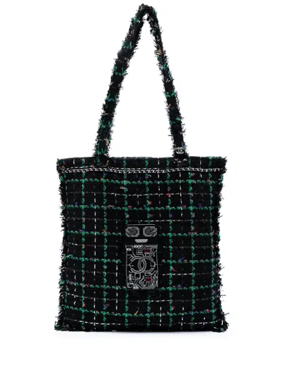 Pre-owned Chanel 2017-2018 Large Tweed Resin Embellished Robot Shopping Tote Bag In Black