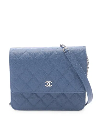 Pre-owned Chanel 2017-2018 Matelassé Caviar Chain Wallet In Blue