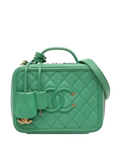 Pre-owned Chanel 2017-2018 Medium Caviar Cc Filigree Vanity Case Satchel In Green