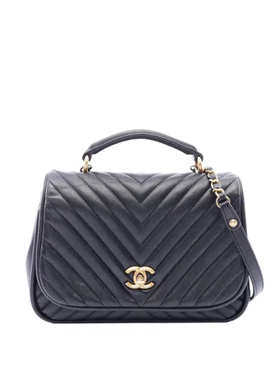 Pre-owned Chanel 2017-2018 Medium Cc Chevron Lambskin Chain Top Handle Flap Satchel In Black
