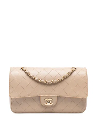 Pre-owned Chanel 2017-2018 Medium Classic Calfskin Wild Stitch Double Flap Shoulder Bag In Neutral