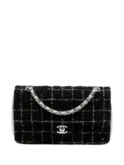 Pre-owned Chanel 2017-2018 Medium Classic Quilted Tweed And Metallic Lambskin Double Flap Shoulder Bag In Black