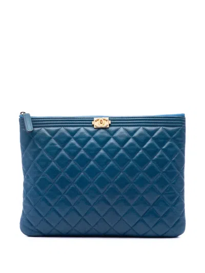 Pre-owned Chanel 2017-2018 Medium Quilted Caviar Boy O Case Clutch Bag In Blue