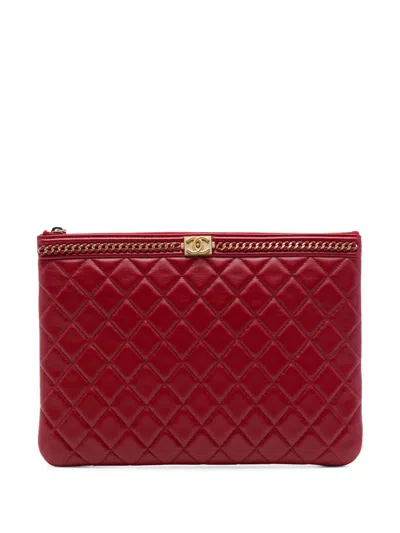 Pre-owned Chanel 2017-2018 Medium Quilted Lambskin Chain Boy O Case Clutch Bag In Red