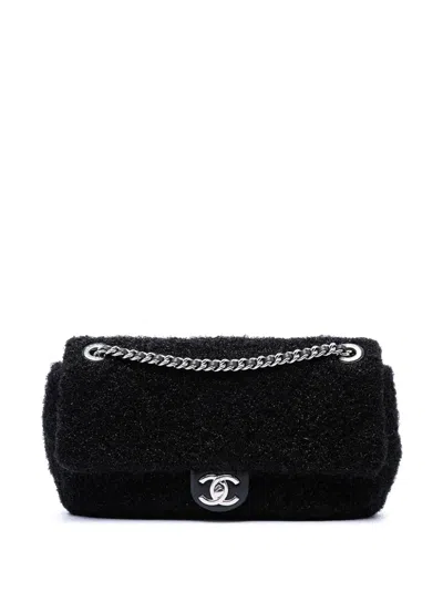 Pre-owned Chanel 2017-2018 Medium Quilted Metallic Knit Pluto Glitter Flap Shoulder Bag In Black