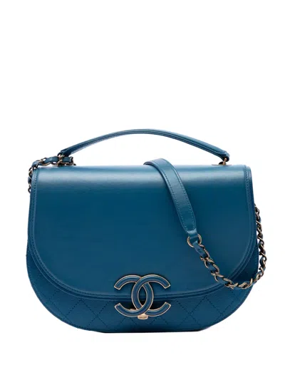 Pre-owned Chanel 2017-2018 Medium Shiny Calfskin And Quilted Goatskin Coco Curve Flap Satchel In Blue