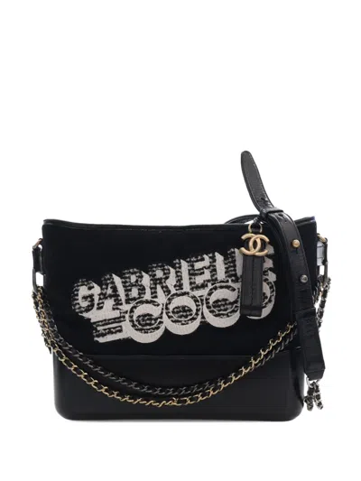 Pre-owned Chanel 2017-2018 Medium Wool Coco Embroidered Gabrielle Hobo Crossbody Bag In Black