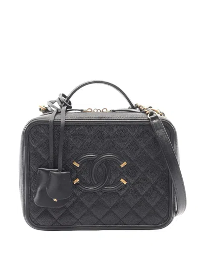 Pre-owned Chanel 2017-2018 Mini Caviar Cc Filigree Vanity Case Satchel In Black