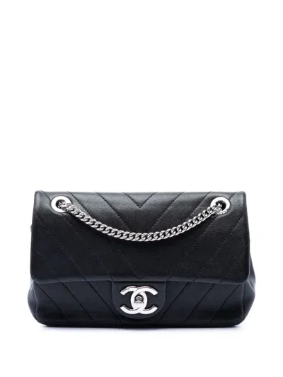 Pre-owned Chanel 2017-2018 Mini Cc Chevron Calfskin Single Flap Crossbody Bag In Black