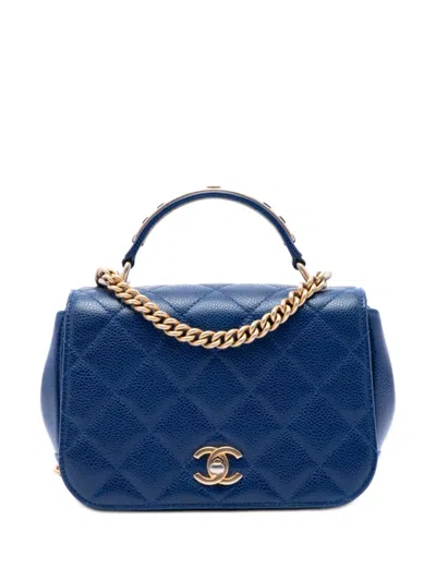 Pre-owned Chanel 2017-2018 Mini Quilted Caviar Carry Around Flap Satchel In Blue
