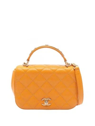 Pre-owned Chanel 2017-2018 Mini Quilted Caviar Carry Around Flap Satchel In Orange