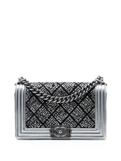 Pre-owned Chanel 2017-2018 Old Medium Calfskin Crystal Embellished Boy Flap Crossbody Bag In Silver