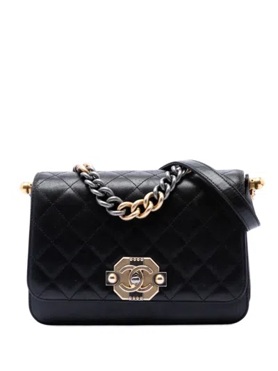 Pre-owned Chanel 2017-2018 Paris Cosmopolite Medium Quilted Lambskin Ritz Flap Satchel In Black