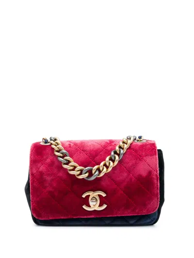 Pre-owned Chanel 2017-2018 Paris Cosmopolite Small Tricolor Quilted Velvet Private Affair Camellia Flap Satchel In Red