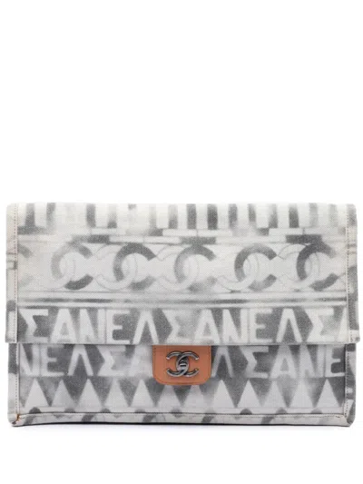 Pre-owned Chanel 2017-2018 Paris Greece Canvas Iliad Greek Clutch Bag In Gray