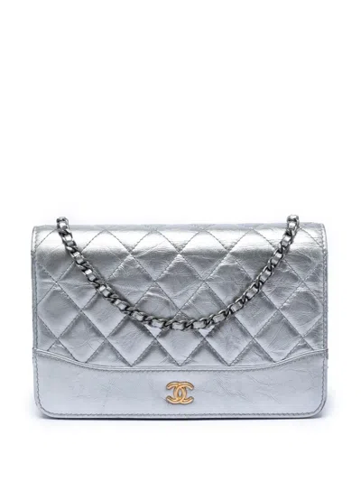 Pre-owned Chanel 2017-2018 Quilted Aged Calfskin Gabrielle Wallet On Chain Crossbody Bag In Silver