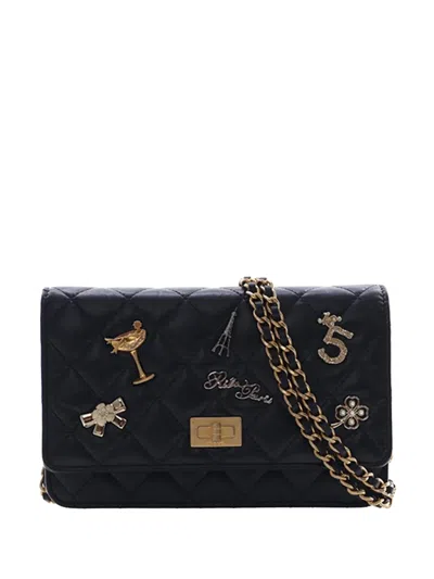 Pre-owned Chanel 2017-2018 Quilted Aged Calfskin Reissue 2.55 Lucky Charms Wallet On Chain Crossbody Bag In Black