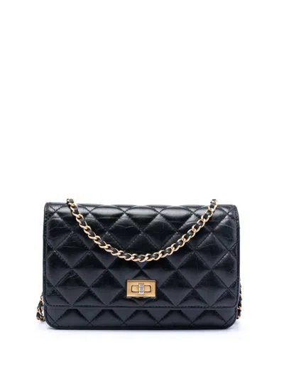 Pre-owned Chanel 2017-2018 Quilted Aged Calfskin Reissue 2.55 Wallet On Chain Crossbody Bag In Black