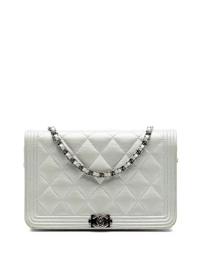 Pre-owned Chanel 2017-2018 Quilted Caviar Boy Wallet On Chain Crossbody Bag In Gray