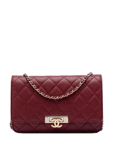 Pre-owned Chanel 2017-2018 Quilted Caviar Golden Class Wallet On Chain Crossbody Bag In Red