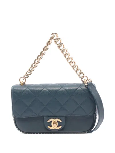 Pre-owned Chanel 2017-2018 Quilted Caviar Studded Chain Handle Flap Satchel In Blue