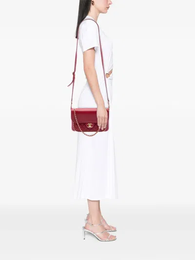 Pre-owned Chanel 2017-2018 Quilted Lambskin Cc Unchained Flap Satchel In Red
