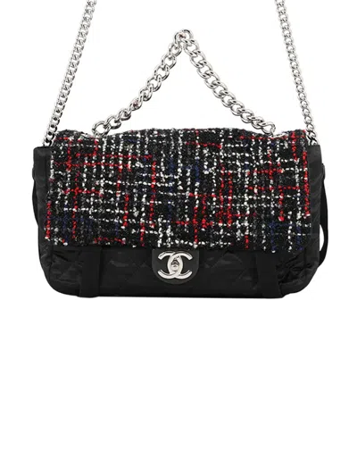 Pre-owned Chanel 2017-2018 Quilted Tweed And Nylon Astronaut Essentials Flap Satchel In Black