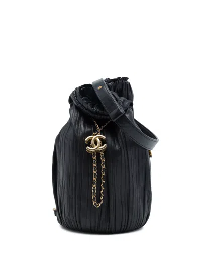Pre-owned Chanel 2017-2018 Small Calfskin Coco Pleats Drawstring Backpack In Black